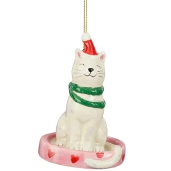 Kerstdecoratie|Kerstballen<Hanger kat wit 10 cm