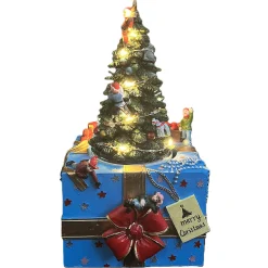 Kerstdorp<Kerstdorp boom met geschenk 11x11x21cm